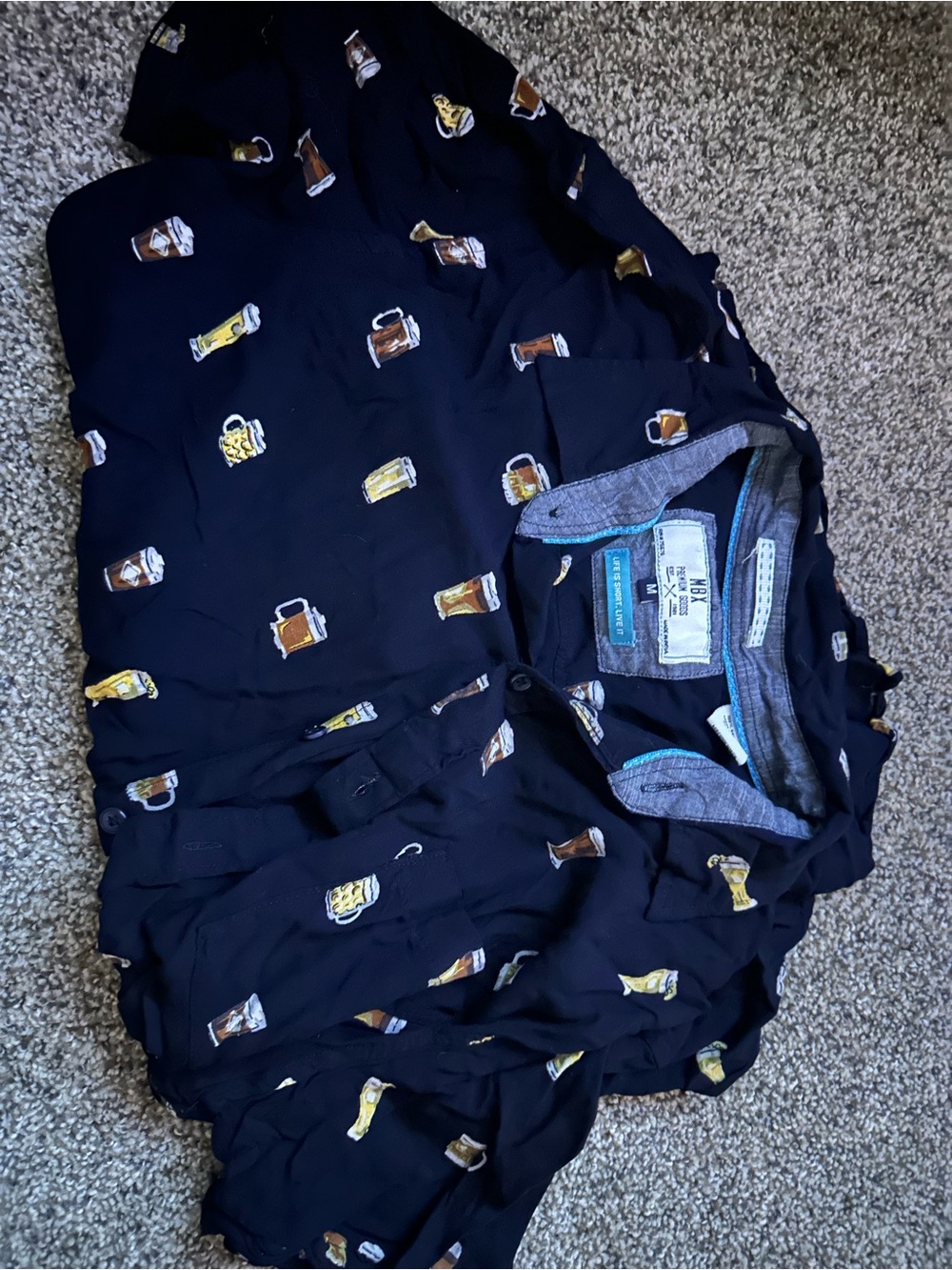 MBX Navy Short-Sleeve Button-Up Shirt with Beer Mug Print